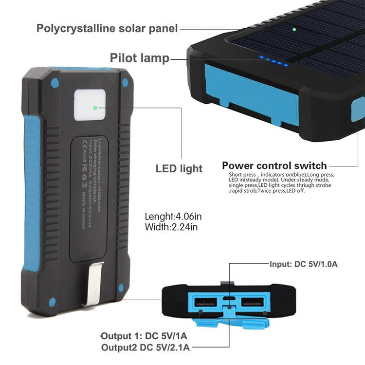 Black and blue portable Waterproof Solar Powerbank with labeled features on a white background