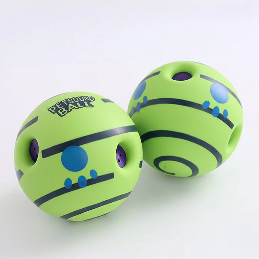 Two green Pet Sound Toy Balls with black and blue patterns on a white background