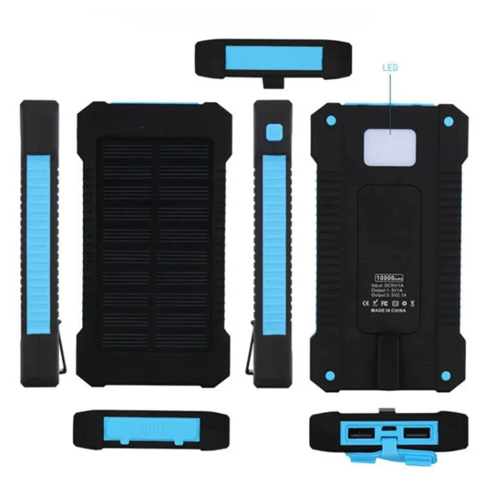 Black and blue solar-powered device with multiple components on a white background