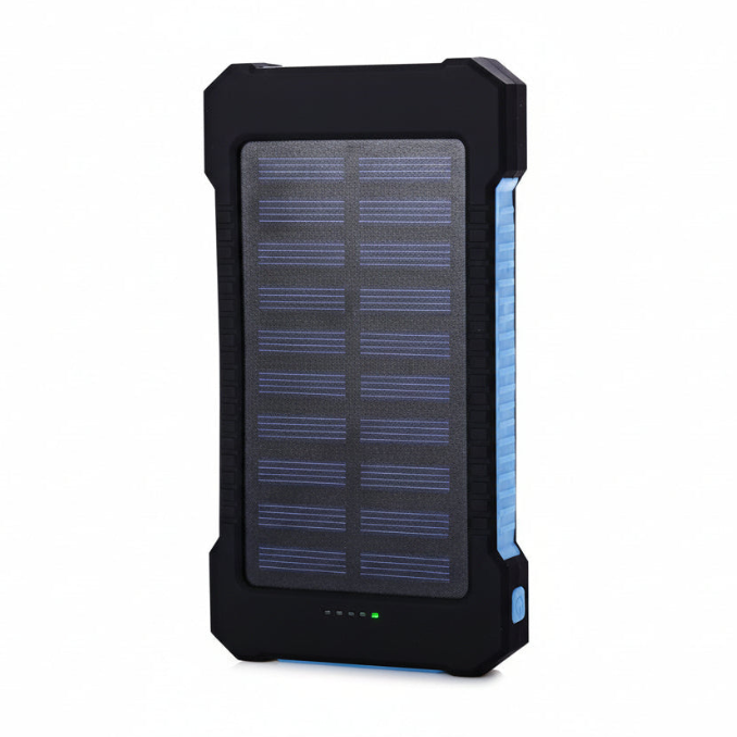 Black solar power bank with visible solar panel on a white background